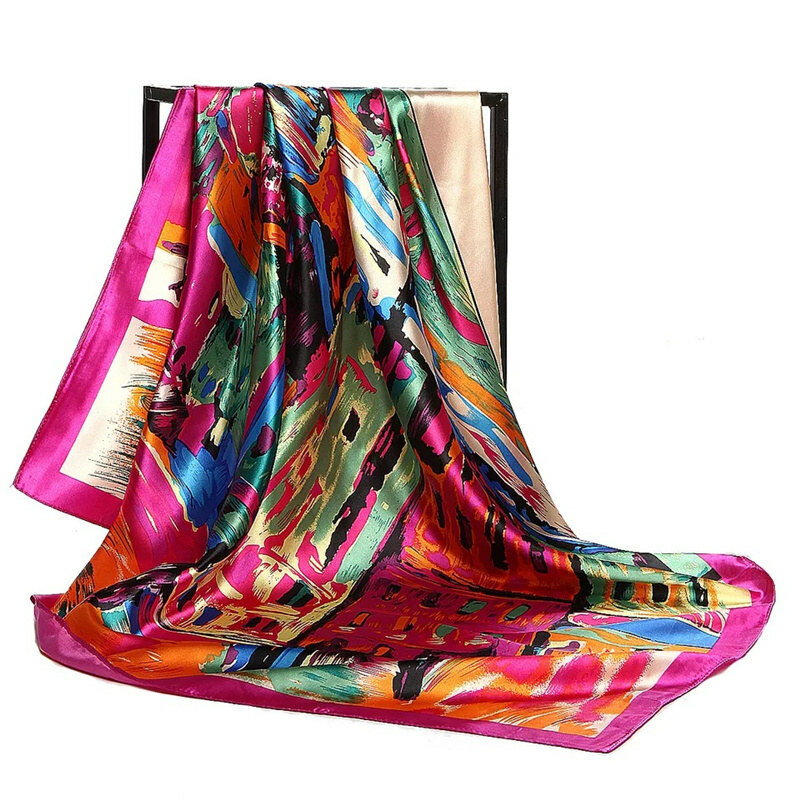 Платок женский Шелковый с принтом, квадратная шаль 90 х90 см для офиса, мусульманский платок-хиджаб, женский платок