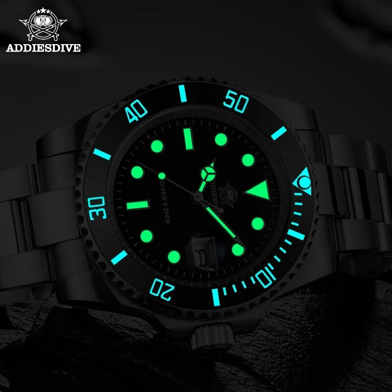 Modny zegarek ADDIESDIVE ze stali nierdzewnej zegarek dla nurka 200M C3 Super świecący sportowy luksusowy zegarek reloj hombre kwarcowy męski zegarek