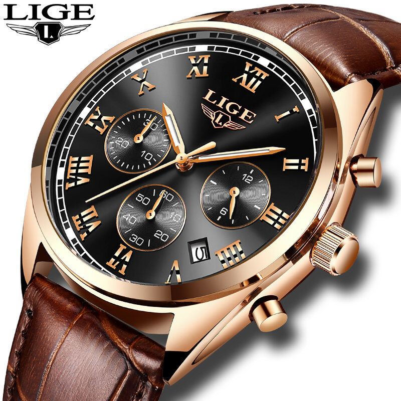 LIGE-Relógio de quartzo impermeável masculino, relógio de couro casual, marca top, moda luxo