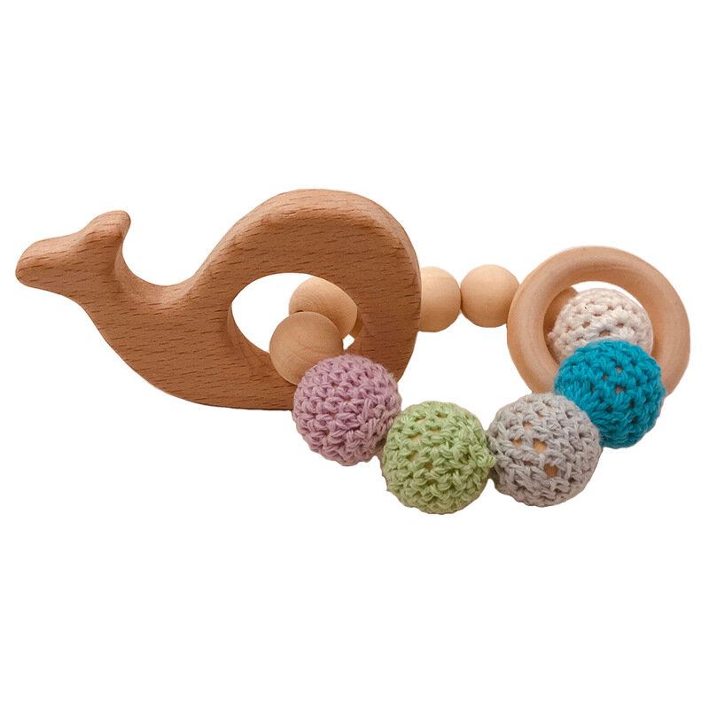 Bracelet en bois pour bébé, jouet molaire fait à la main, Crochet en fil, perles d'animaux, perles de dentition, 13-24m
