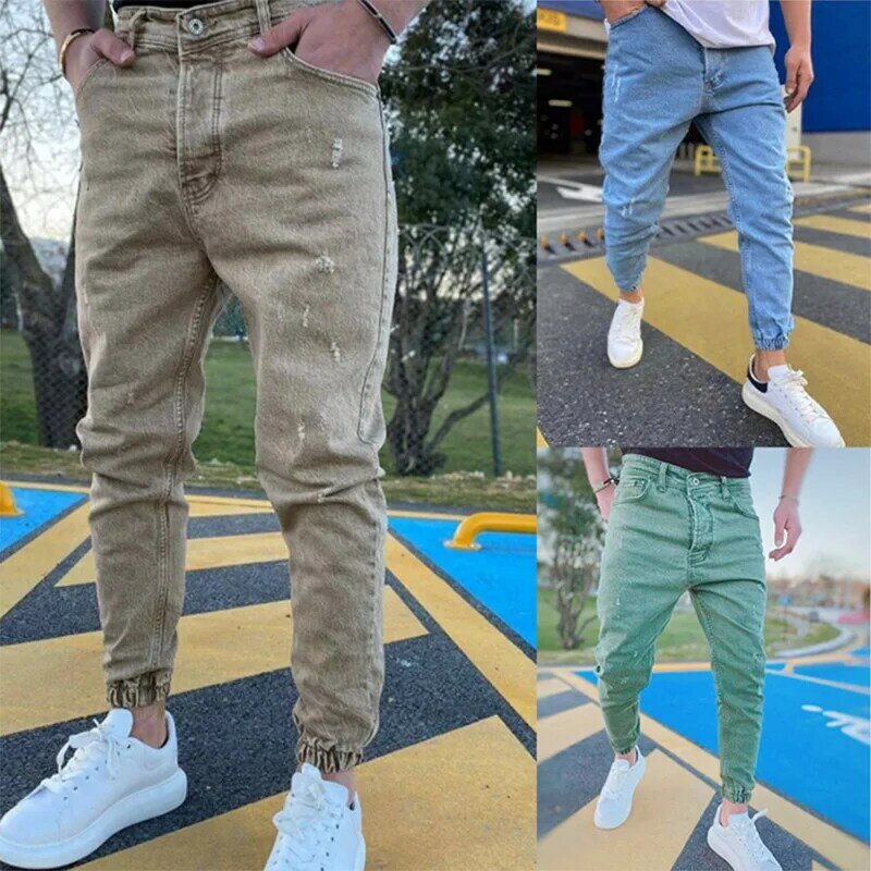2021 outono calças de brim masculinas ajuste fino cor pura casual cintura elástica calças de brim beam pé streetwear jogger denim calças masculinas