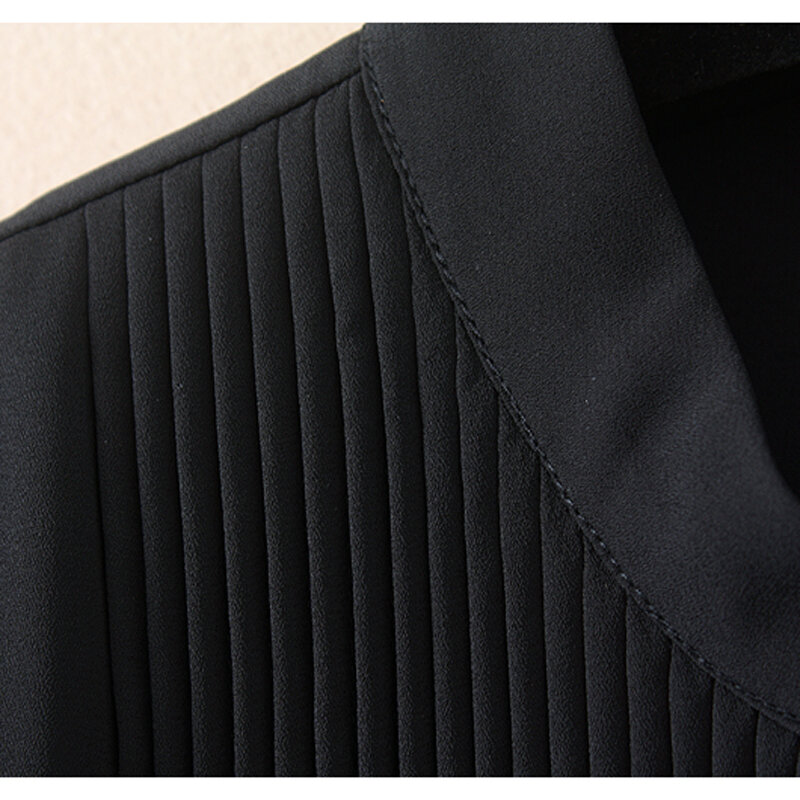 Hohe Qualität Frauen Chiffon Bluse Vorne Plissiert Langarm Body Büro Damen Shirts mit Höschen Feste Farbe Schwarz Beige