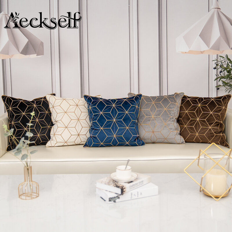 Aeckself Luxury Geometric Plaid Embroidery Velvet Cushion Cover Home Decor Navy Blue Gold Gray Black White Throw Pillow Case
