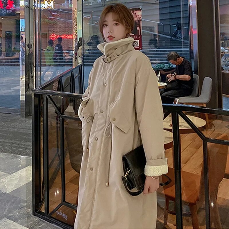 파카 여성의 중간 길이 무릎 한국 느슨한 양고기 양모 재킷 홍콩 스타일 겨울 두꺼운 면화 재킷 조수 뜨거운 판매