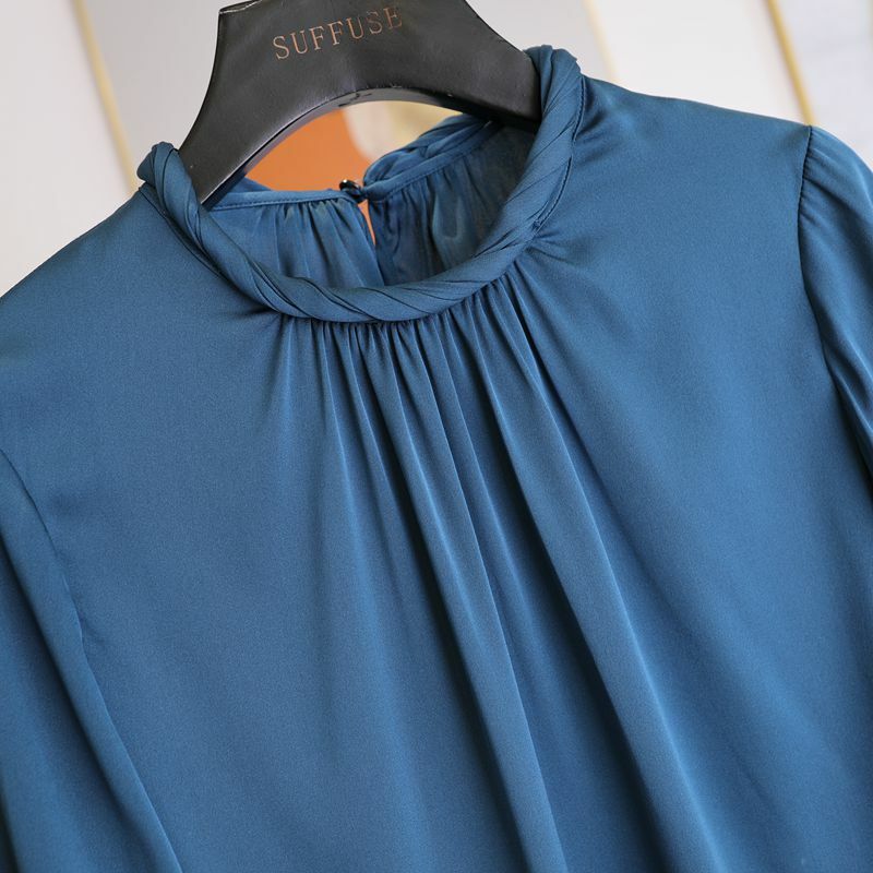 Шелковая блузка женская повседневная Стиль 90% шёлк 2 Цвета в винтажном стиле с круглым вырезом, пуловер с длинными рукавами в виде рыбьей чешуи Большие размеры рубашка Топ Новая мода