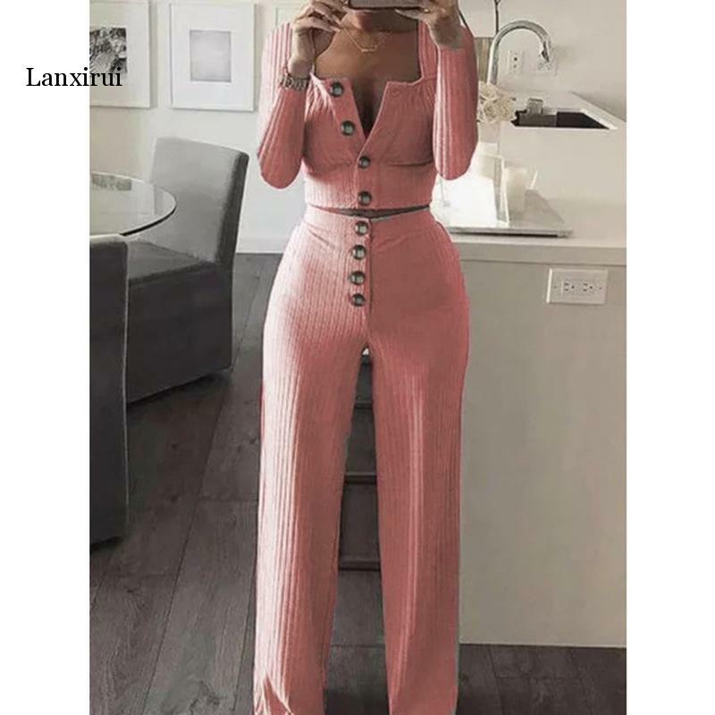 Women Two Piece Outfits Long Sleeve Button Shirts High Waist Wide Leg Pant Fashion Suits for Woman Slim Female Fall Clothing Set