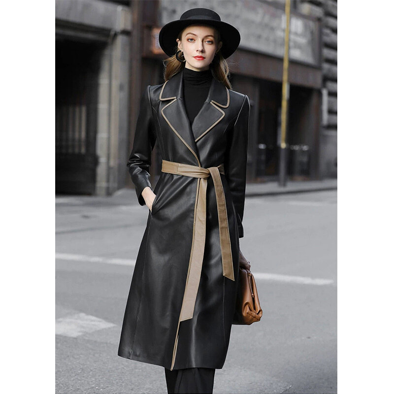 New Autumn Winter Long Trench Coat Women Luxury Vintage Real Sheepskin Genuine Leather Jacket Female Outwear Fashion Overcoat