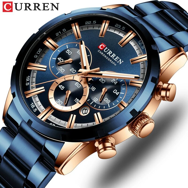 Curren-Reloj de pulsera de acero inoxidable para hombre, cronógrafo con esfera azul, con fecha, resistente al agua, para negocios
