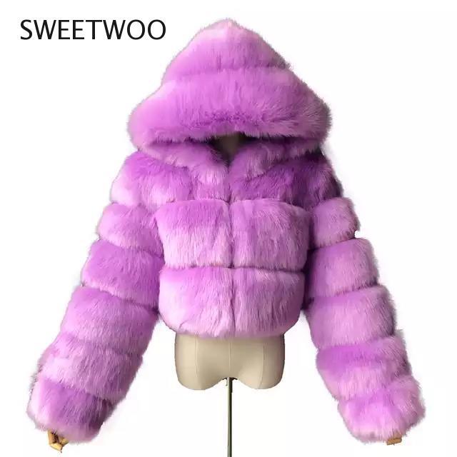 Moda outono inverno de alta qualidade do falso casaco de pele de raposa das mulheres 2021 vintage manga longa com boné fino curto jaquetas peludo casaco femme