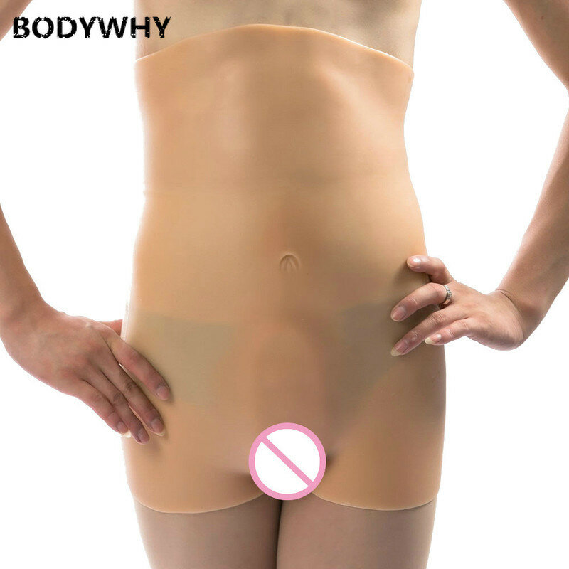 Calças transgêneras de vagina falsa, cintura alta, abdômen e quadris, pode ser inserido em quatro cantos, simulação de umbigo, roupa íntima de látex