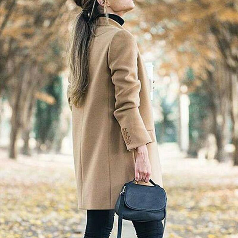 Moda al aire libre señoras invierno cálido largo ir de compras de oficina elegante Trench prendas de vestir soporte cuello ajustado mujeres abrigo de lana sólido