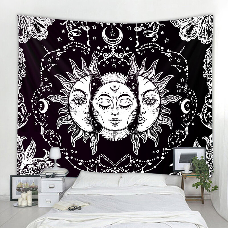 Black and White Sun and Moon Goddess Stars Space Psychedelic Divination Myth Tapestry