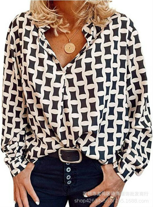 Женская рубашка, Осенний темпераментный Свободный пуловер с воротником-стойкой и геометрическим принтом, женские повседневные рубашки с д...