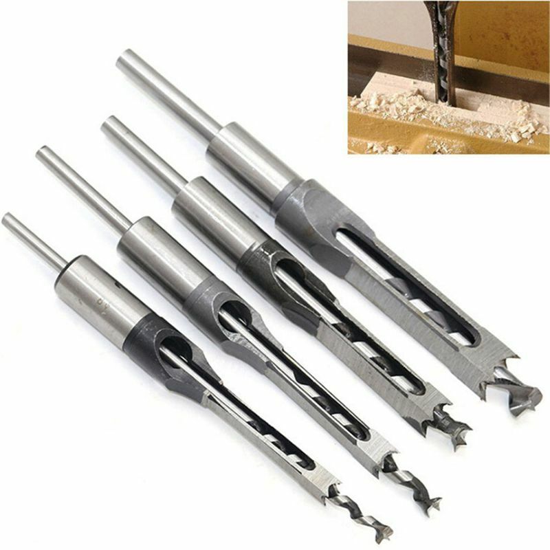 4Pcs Woodworking Square Hole Drill Bits Wood Mortising Chisel Set Mortise Chisel Bit Kits Woodworking Hole Saw Sets with Twist D