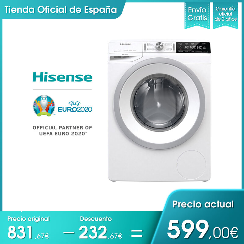 Hisense WFGS9014V washing machine, 64L drum volume, 9KG load capacity, 1400RPM, automatic, deferred start, Ecoeye