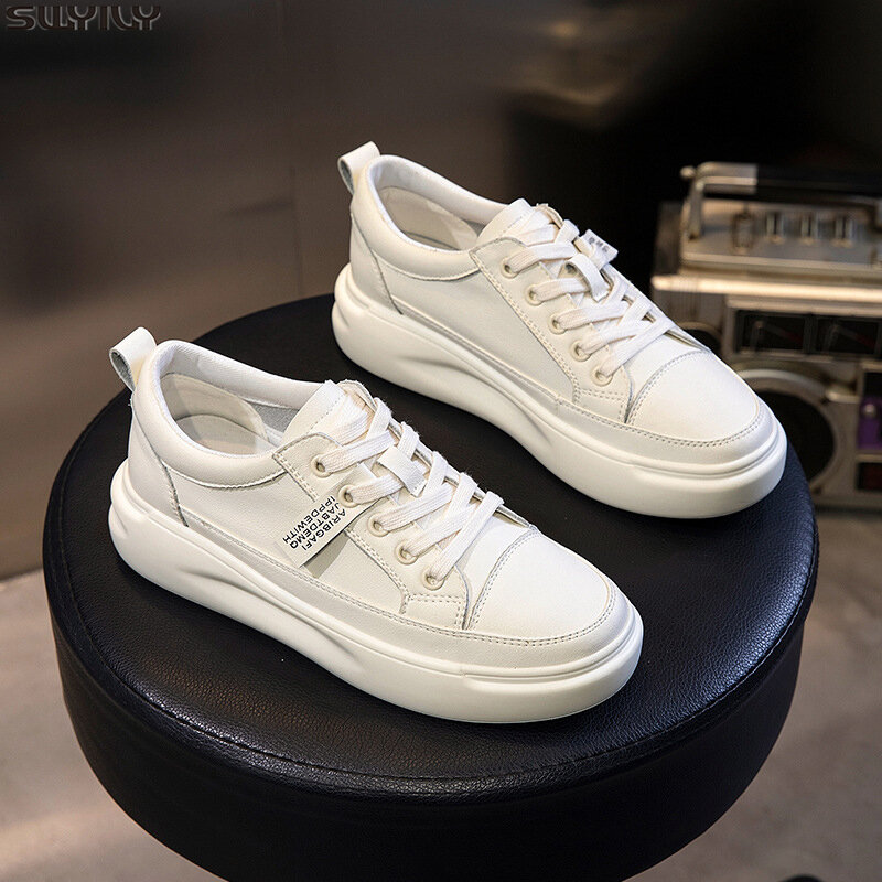 SWYIVY Sepatu Kasual Kulit Asli Sneakers Wanita 2021 Sneakers Musim Gugur Ringan Putih Sneakers Platform Sepatu Wanita 40