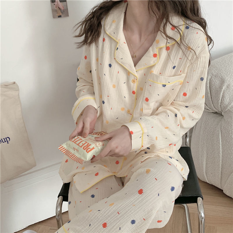 Qweek-女性用コットン水玉パジャマ,長袖韓国パジャマ,女性用秋のパジャマ,光沢のあるシルクのカーディガンセット