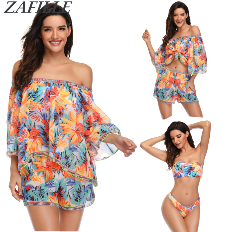 ZAFILLE 2020 NEW Women Bikini Cover Up Set Bandeau Printed Summer Beachwear Female Tube Swimsuit Women Sexy Brazilian Swimwear