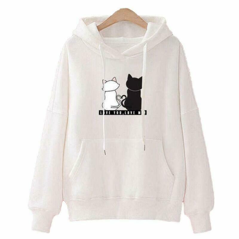 2019 Fashion Casual  Hoodies Sweatshirts Women Little Cat Print Pocket Hoodie Pullover Girl School Streetwear Hoodie Female Tops