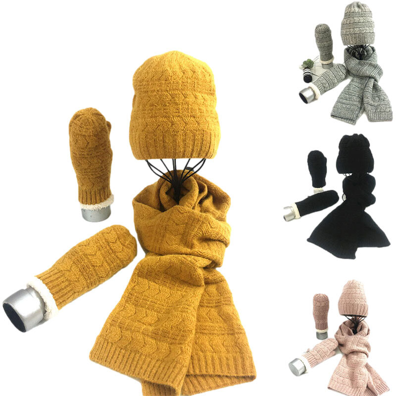 Wool Warm Set Three-piece Hats Scarf Gloves Sets For Women Mens Winter Scarves Gloves Set Trendy Simple Thick Warm Accessory Set