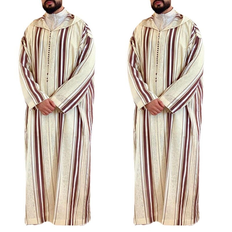 새로운 2021 새로운 패션 두바이 캐주얼 Kaftan 가운 줄무늬 이슬람 드레스 Abaya 셔츠 남성용