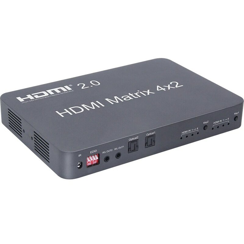 Divisor de matriz HDMI 2,0 4x2, entrada de señal HDMI, 2 salidas, soporte para fibra y salida de auriculares estéreo