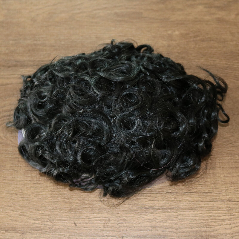 20MM Curly Machine Injected Technical Men's Wig Skin Base Human Hair Toupee Replacement System #1B Color 8x10inch