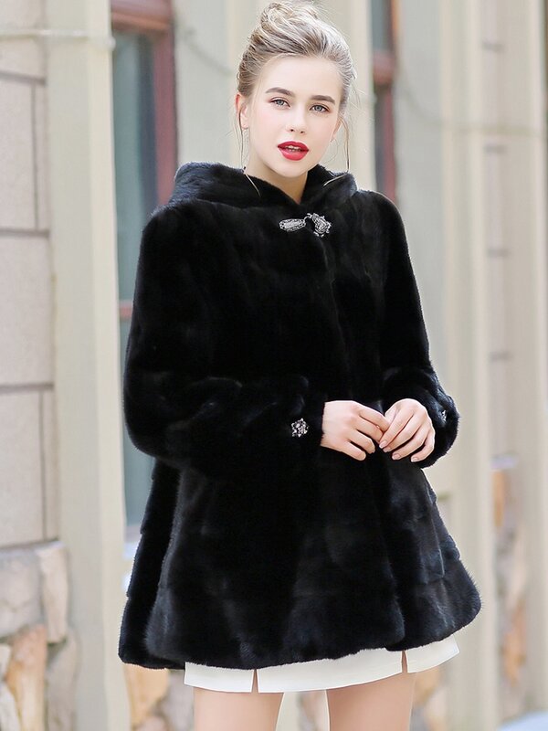 럭셔리 정품 밍크 모피 코트 재킷 후드 겨울 진짜 여성 모피 겉옷 코트 플러스 사이즈 4XL 5XL VF7078