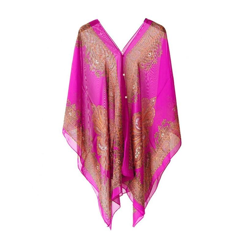 Hot！One Size Fashion Women Clothes Summer Beach Bikini Cover Up Loose Chiffon Blouse Shawl Scarf with Buttons
