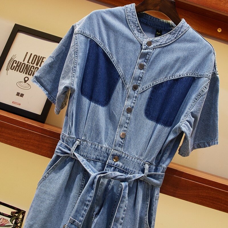 Summer Short Sleeve Women Single Breasted One Piece Jumpsuit Overalls Loose Fit Pockets Jeans Rompers Belt Combinaison Femme