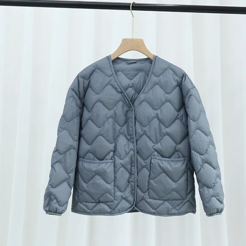 2021 New Autumn and Winter Women's Solid Color Water Wave Stripes Light and Thin Collarless Down Jacket Korean Casual Jacket
