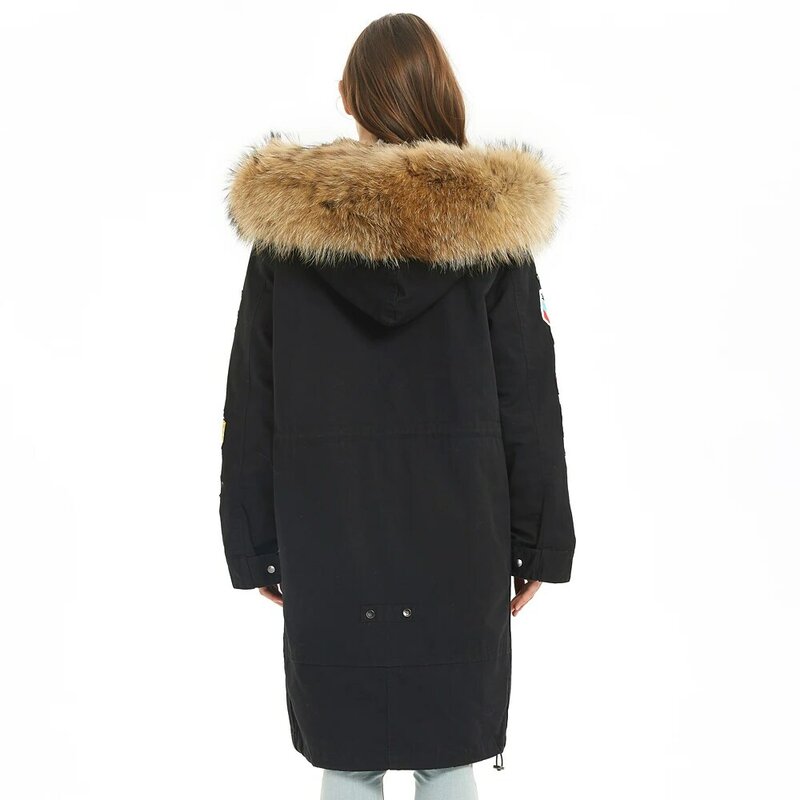 Женское длинное теплое пальто Maomaokong, черное зимнее пальто с воротником из натурального меха енота и вышивкой, 2020