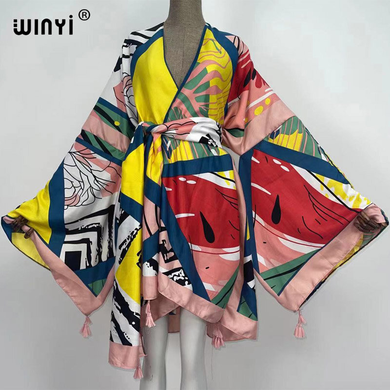 2021 WINYI new Cotton Bikini Sweet Lady Pink Boho Print Self Belted Front Open Long Kimono Dress Beach Tunic Women Wrap Dresses