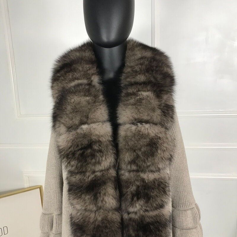 Lã capes longo cardigan cashmere malha camisola outono inverno feminino com real pele de raposa guarnições manga cheia