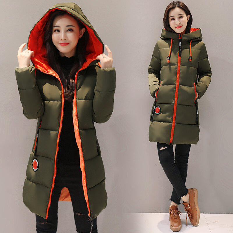 Jaqueta de inverno feminina parka, casaco com capuz acolchoado de algodão grosso feminino básico 2019