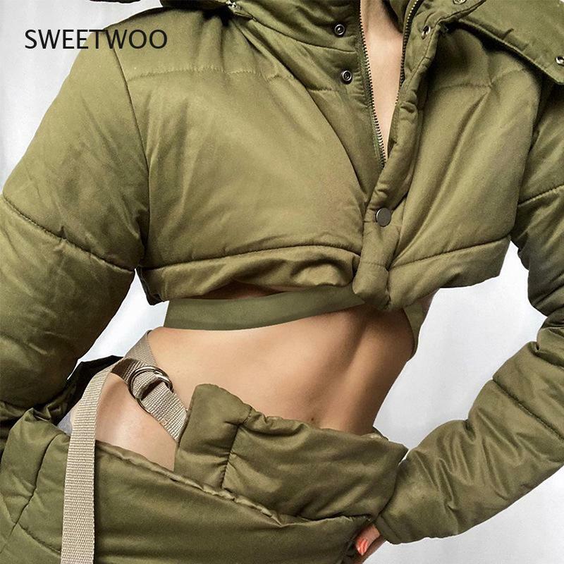 2021ฤดูใบไม้ร่วงและฤดูหนาวผู้หญิงใหม่ Single-Breasted Hooded Cotton-Padded เสื้อสูงเอวกระโปรงกระโปรงสะโพกกระโปรงกระโปรงชุดลำลองผู้หญิง