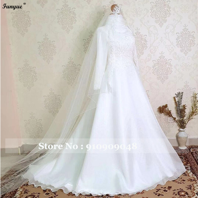 Muçulmano mangas compridas vestido de casamento para a noiva com véus real foto rendas a linha vestidos de novia maldives vestidos de noiva 2022