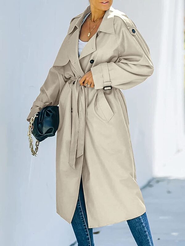 Manteau long à double boutonnage pour femmes avec ceinture, pardessus coupe-vent à manches longues, vestes à revers classiques, streetwear d'automne