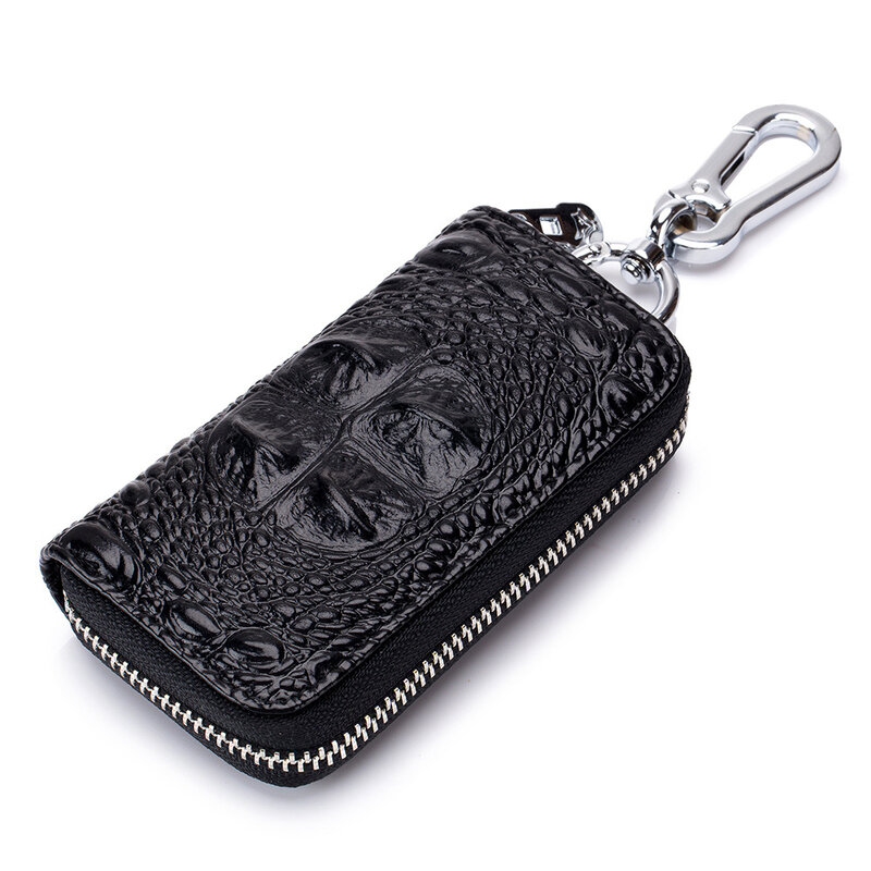 Bolso de cuero genuino para llaves de coche, funda organizadora de cuero de vaca con cremallera y patrón de cocodrilo, Mini billetera