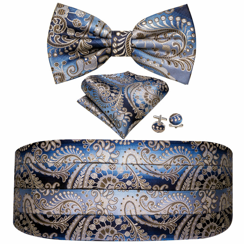 Uomo Cummerbund Blue Silk Bowtie fazzoletto gemelli Set Wedding Bows cintura regolabile per uomo Tuxedo Barry.Wang YF-1015