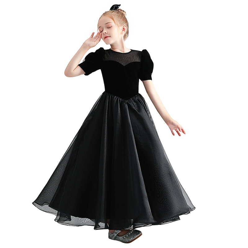 Dideyttawl Puff Sleeves Girls Dresses Black Junior Concert Birthday Party Gown Corduroy Tulle Junior Bridesmaid Dresses