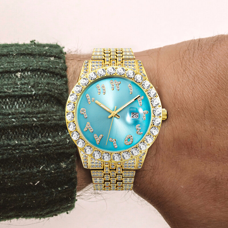 18K Gold นาฬิกาผู้ชาย Luxury Iced Out นาฬิกาสำหรับชาย Hip Hop เพชรควอตซ์นาฬิกาข้อมือบุรุษกันน้ำ Relogio