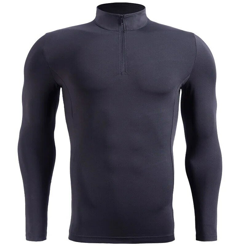 Fitness T-Shirt Men Zip Stand Collar Quick-Drying Elastic T-Shirt Plus Fleece Or Thin Breathable Gym Training Long Sleeved Tops