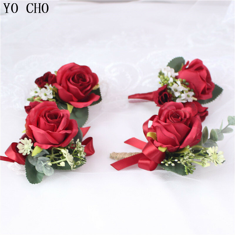 YO CHO Bright Red Artificial Silk Wrist Flower Bridesmaid Brooch Dress Accessories Man Boutonniere for Wedding Prom Party