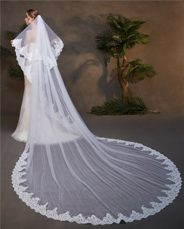 Véu de noiva com 2 camadas de renda, véu de casamento branco marfim com pente longo de 2 t, 5 metros, acessório para casamento