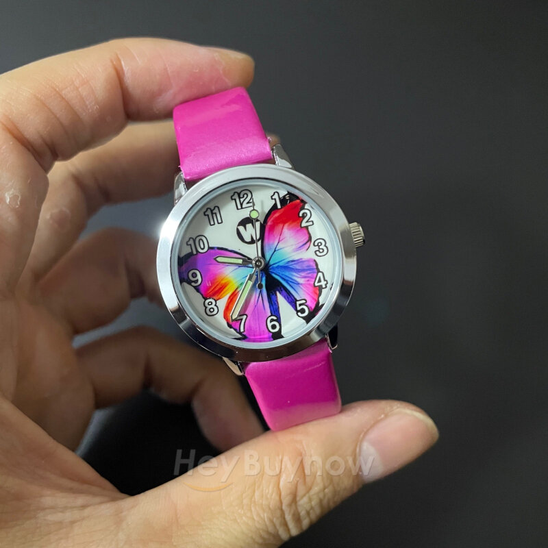 Новинка 2022, кварцевые наручные часы для маленькой девочки с рисунком бабочки, повседневные светящиеся забавные детские часы из искусственной кожи