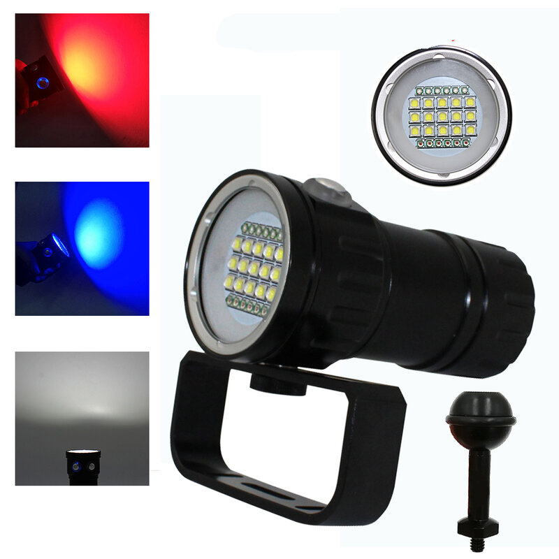 Linterna LED subacuática para fotografía y vídeo, luz táctica impermeable de 15x XM-L2, blanca, 6x XPE roja y 6x XPE azul, 27 LED
