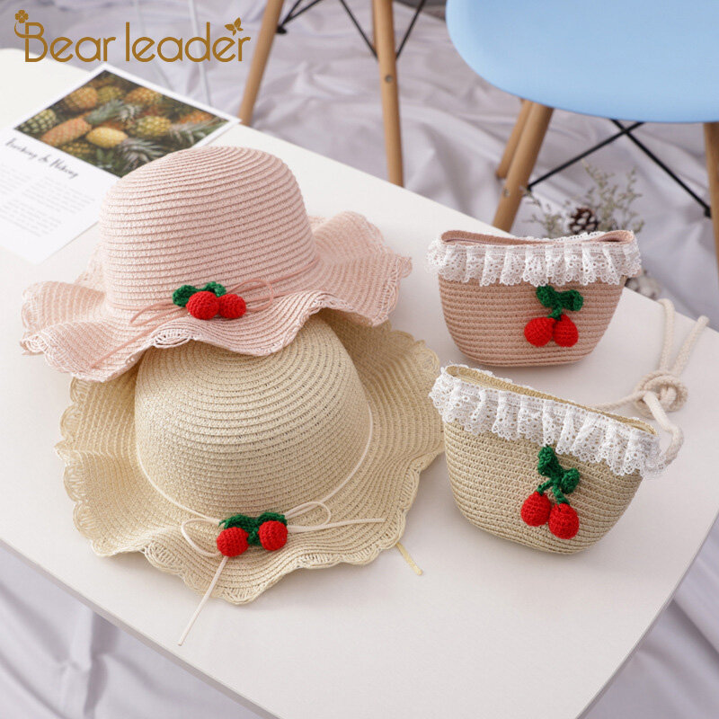 Girl Hat Summer Cap Breathable Straw s Cute Cheery Pattern Sweet Prince  Seaide With Bag Kid  2-6Y