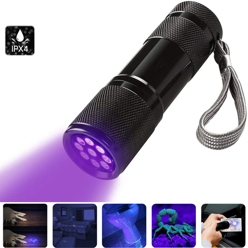 Lanterna uv de 9 led 395nm, luz ultravioleta ultra violeta led, marcador de tinta invisível, lâmpada de detecção 3aaa