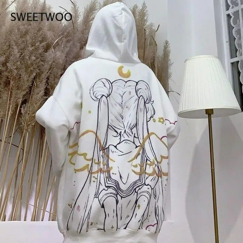 Kawaii-빈티지 프린트 후드 티 스웨터 여성용, 애니메이션, 가을 겨울 의류, 2020 패션, 긴 소매, 따뜻한 상의